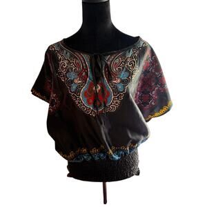 RETRO Brand Women's Plus Size 2X Paisley Boho Peasant Top Smocked Waist Black